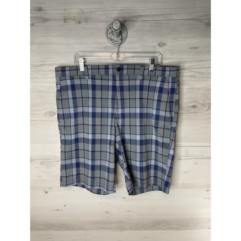 PGA TOUR Shorts Mens 38 Blue Gray Plaid Golf Stretch Performance Flat Front